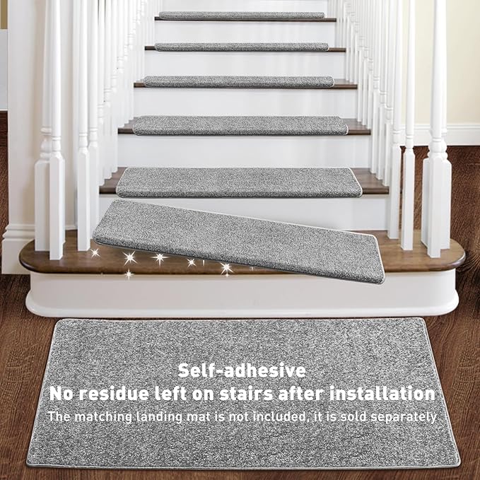 PURE ERA Bullnose Carpet Stair Treads Set Tape Free Non-Slip Indoor Stair Protectors Pet Friendly Rugs Covers Soft Skid Resistant Washable Reusable 9.5" x 30"(7 Pieces,Light Gray)