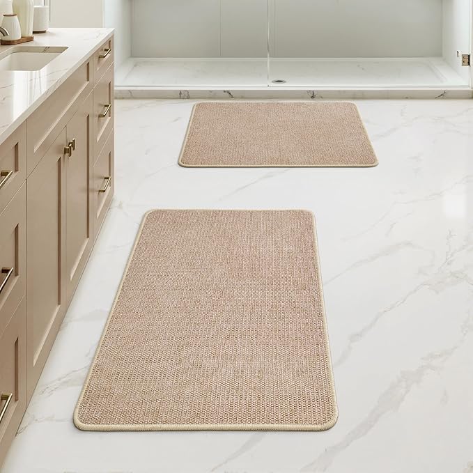 MIULEE Set of 2 Ultra Thin Bathroom Rugs, Rubber Bath Mats for Bathroom Non Slip, Quick Dry Absorbent Bath Rug Machine Washable, Fit Under Door, Shower, Sink, Home Decor, Beige, 20"x24"+17"x27"