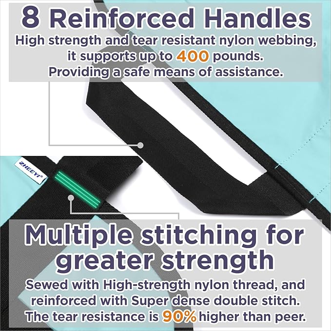 Multipurpose 48" x 40" Positioning Bed Pad with Reinforced Handles - Reusable & Washable Transfer Sheet for Turning, Lifting & Repositioning - Double-Sided Nylon Fabric, Aqua Blue