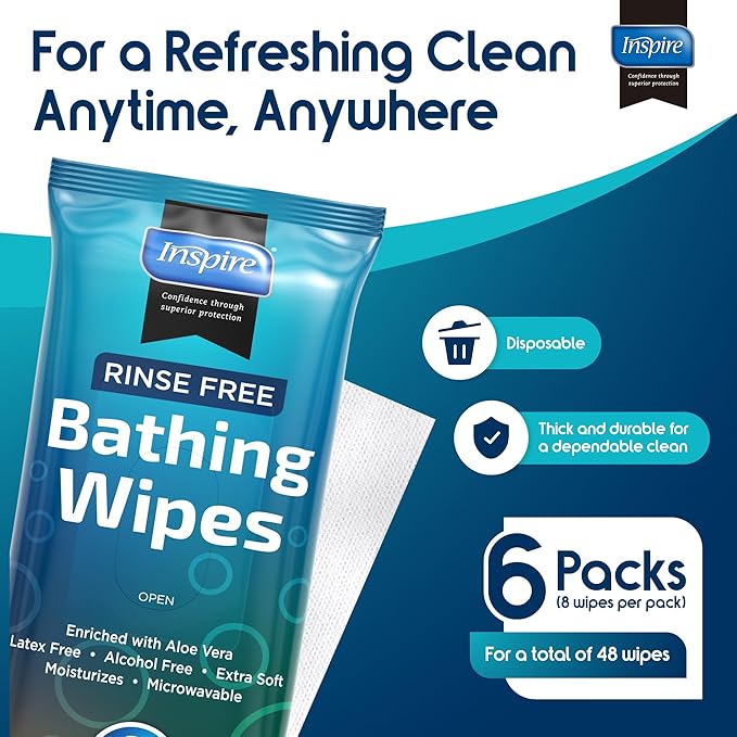 Body Wipes for adults bathing no rinse | Adult Wash Cloths Extra Large, Bathing Wipes for Incontinence, 8"x 8" In (48 count) | By Inspire