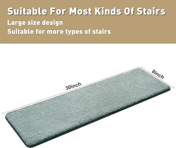 PURE ERA Carpet Stair Treads Ultra Plush 8 x30 inch Soft Indoor Stair Protectors Pet-Friendly Non-Slip Skid Resistant Tape Free Washable Reusable (2 Pieces, Greenish Gray)