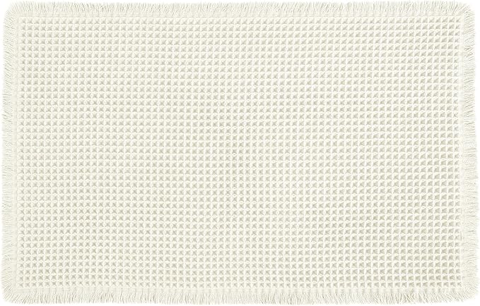 Hiasan Waffle Bath Mat, Super Absorbent Non Slip Bathroom Boho Rug with Tassels, Machine Washable Bath Mats for Bathroom, Ultra Soft Rubber Backed Rug, White, 20 x 32 Inches