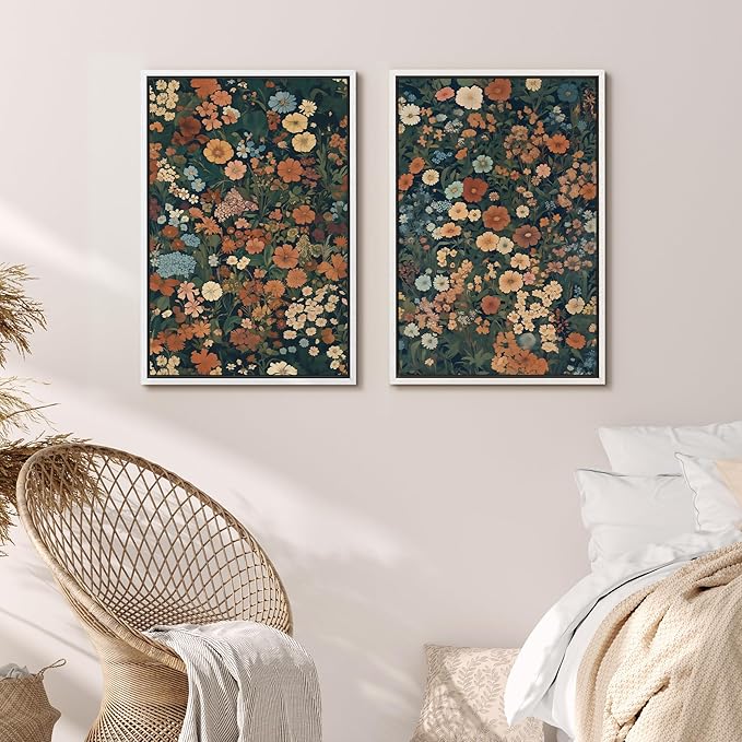 MUDECOR Framed Canvas Print Wall Art Vintage Floral Botanical Colorful Wildflowers Illustrations Modern Art Decorative Bohemian Colorful for Living Room, Bedroom, Office - 24"x36"x2 White