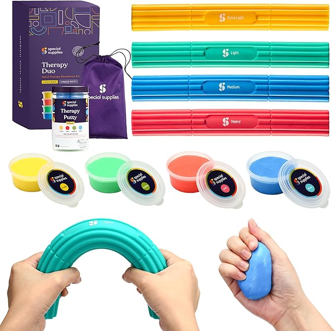 Special Supplies Physical Hand Therapy Putty & Flex Therapy Bar Resistive Hand Exercise Kit – Improve Grip, Strength, Dexterity & Mobility – Injury & Stress Relief – 8 Piece Set