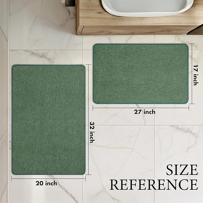 MIULEE Christmas Green Set of 2 Ultra Thin Bathroom Rugs, Rubber Bath Mats for Bathroom Non Slip, Quick Dry Absorbent Bath Rug Machine Washable, Fit Under Door, Shower, Sink, Decor, 17"x27"+20"x32"