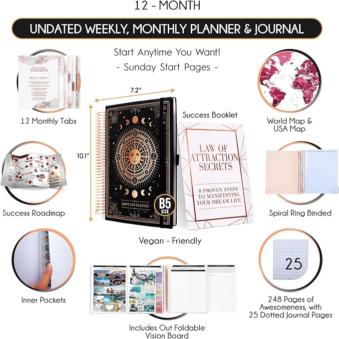 Manifestation Journal – Hourly, Weekly & Monthly Planner | 12-Month to Increase Productivity, Life Organizer & Goal Planner | Spiral Journal, Habit Tracker, Foldable Vision Board, Gift Box & Stickers