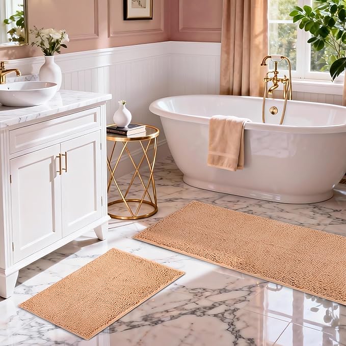 Bathroom Rugs Runner Mats 2 Piece Long Sets Bath Rug Extra Absorbent Chenille Kitchen Mat Set Non Slip Striped Machine Washable Quick Dry Tub Shower Accessories 47x20+24x17 Inch, Beige