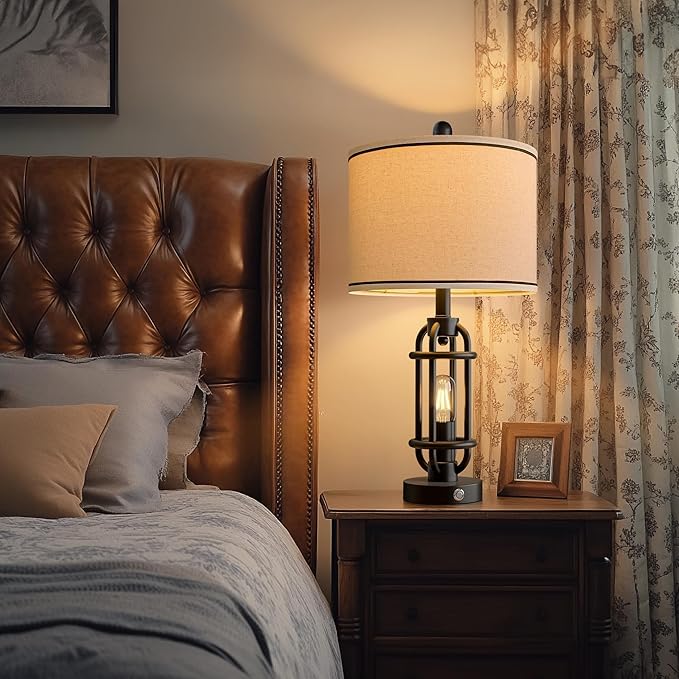 24'' Table Lamps for Living Room Bedroom Industrial Touch Lamp with USB A+C Ports, Night Light Farmhouse Vintage Nightstand Bedside Lamps for Night Stands Metal Black, Bulbs Included