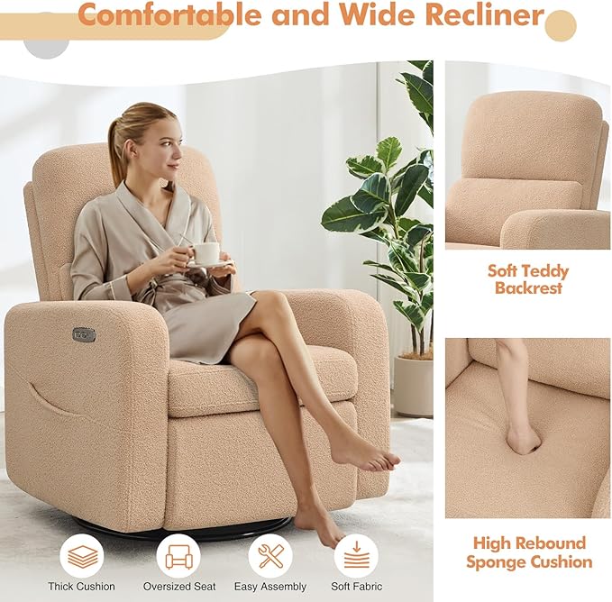 Power Swivel Rocker Recliner, Oversized Boucle Electric Recliner Chair, Swivel Glider Nursery Reclienr with Removable Cushion, Upholstered Recling Chair for Living Room Bedroom, Teddy Camel