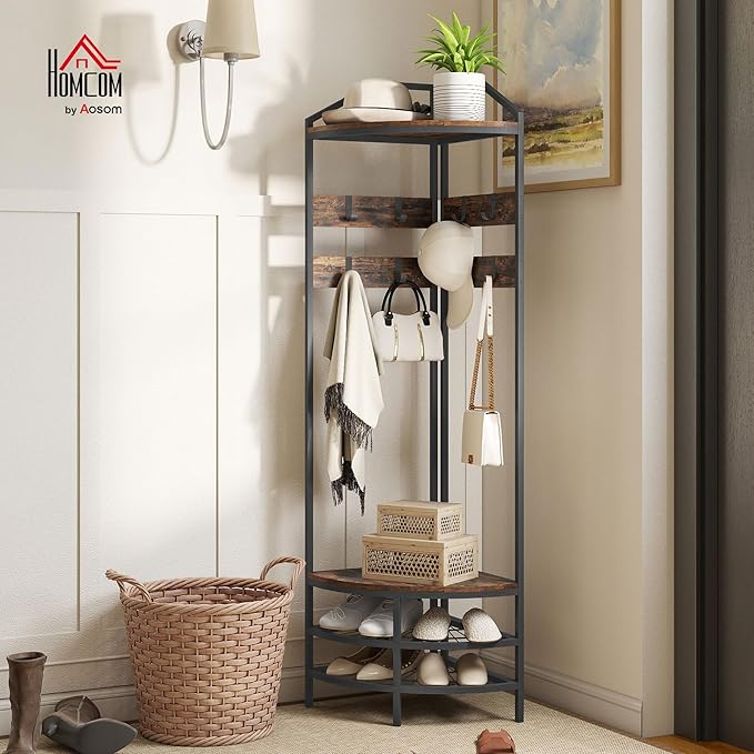 HOMCOM Corner Hall Tree, Industrial 4-Tier Coat Rack with Shoe Storage, 8 Movable Hooks and 2 Storage Shelves, Freestanding Entryway Coat Rack with Steel Frame for Hallway, Rustic Brown