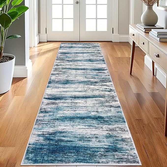 KOZYFLY Runner Rug 3x8 Modern Ombre Runners for Hallways, Washable Rugs for Bedroom Non-Slip Soft Stain Resistant Striped, Print Blue Abstract Carpet for Living/Laundry/Kid Room