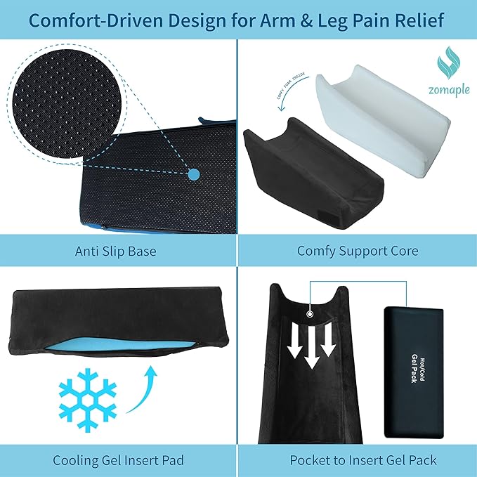 Zomaple Arm Elevation Pillow, Black – Reduce Swelling & Pain with Elbow Support – Adjustable, Gel-Infused Foam, Hot/Cold Gel Pack & Washable Cover – Arm Support Pillow for Post-Surgery Recovery