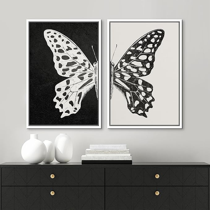 MUDECOR Framed Canvas Wall Art Black and White Butterfly Prints Minimalist Modern Art Boho Wall Decor for Bedroom - 24"x36"x2 White