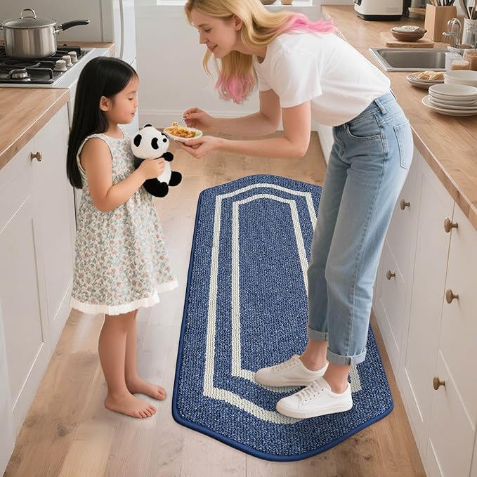 COSY HOMEER Long Kitchen Floor Mats for in Front of Sink Super Absorbent Kitchen Rugs and Mats 24"x59" Non-Skid Kitchen Mat Standing Mat Washable,Polypropylene,Blue,Frame