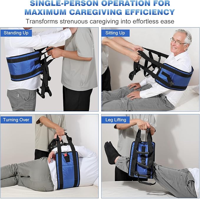 Rhino Valley Transfer Sling, Gait Belt with 10 Padded Handles, Non-Slip Nursing Transfer Belt, Safety Standing and Lifting Aid for Disabled, Elderly, Seniors, Injured, Blue+Black