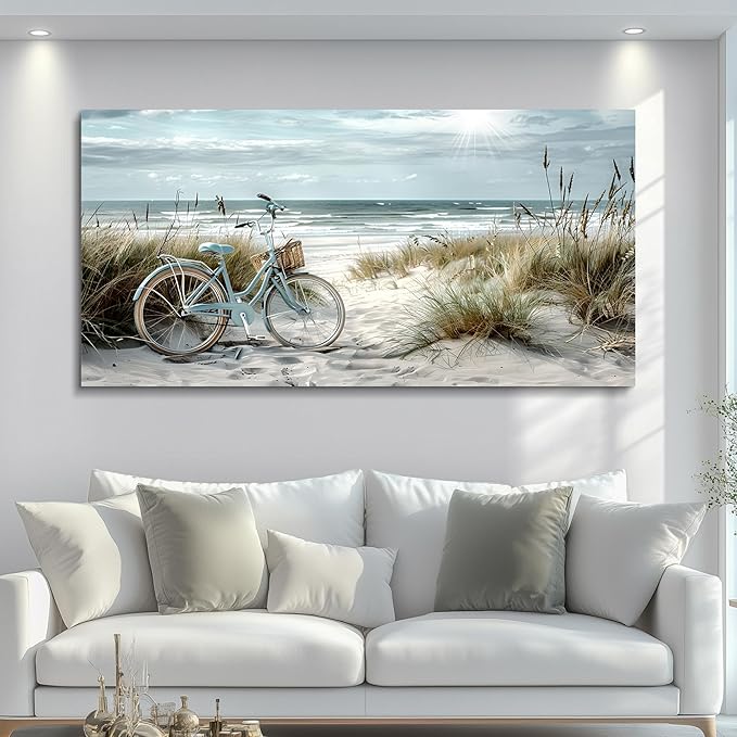 FUHAIHUA Large Wall Art For Bedroom Canvas Wall Decor For Living Room Office Decoration Blue Beach Bicycle Seascape Painting Ocean Landscape Wall Pictures Artwork Modern Home Decor Posters 30"X60"