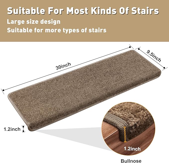PURE ERA Bullnose Carpet Stair Treads Set Tape Free Non-Slip Indoor Stair Protectors Pet Friendly Rugs Covers Soft Skid Resistant Washable Reusable 9.5" x 30"(14 Pieces, Camel Brown)