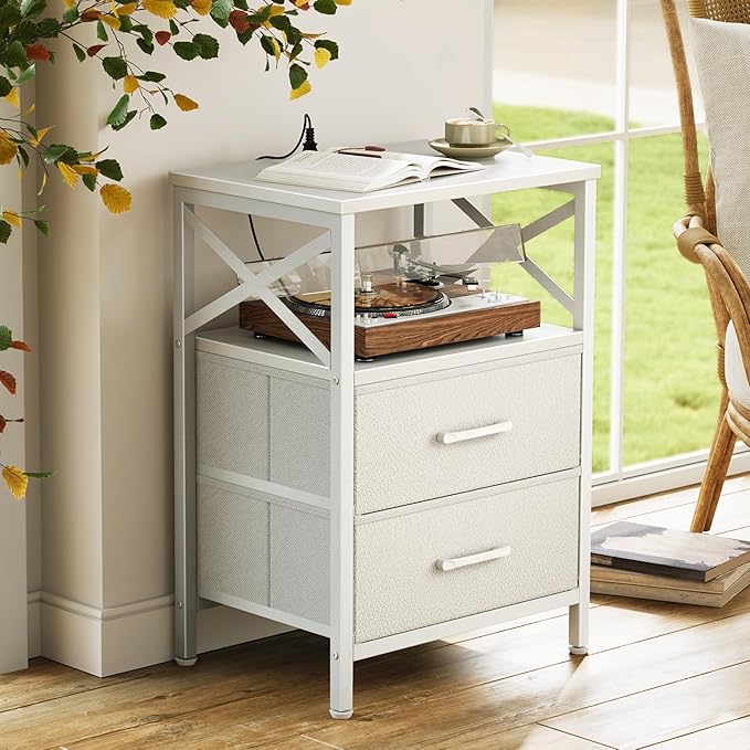 Huuger Nightstands Set of 2, Night Stand with Charger Station, 2 Drawer Side Table with Open Shelf, USB-C Port, End Table for Small Spaces, X Shaped Side Rail, White