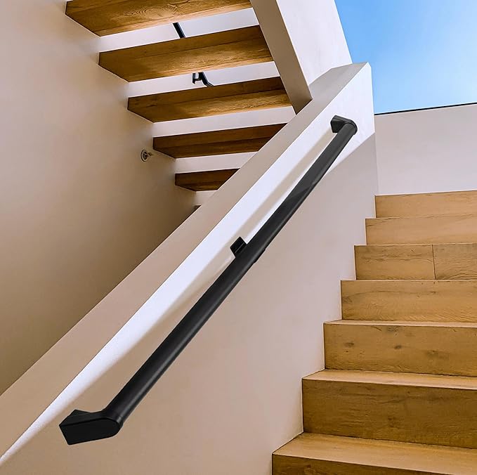 7FT Modern Aluminum Handrail Set - ADA Compliant Indoor & Outdoor Stair Railing. 1.4" Diameter Grab Bar. Wall-Mounted with 90°Wall Return End. Ideal for Safe Grip，Rust Free(Matte Black, 7FT)