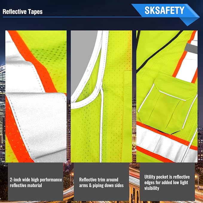SKSAFETY 10 Pockets Professional level Safety Vest, Class 2 High Visibility Security Vest with Zipper, Hi Vis Vest with Reflective Strips, ANSI/ISEA Standard, Construction Work Vest（Lime, L）