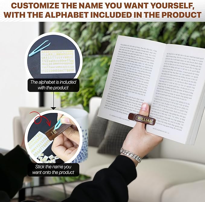 Personalized Walnut Page Holder With 3D Metal Letters, Smooth Finish Wood Thumb Holder for Reading, Customizable Reader Gifts & Accessories, Ideal for Book Lovers (Mini)