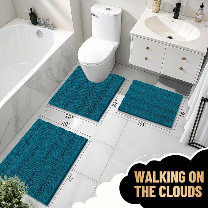 OLANLY Thick Bathroom Rugs 24x16, Extra Soft Absorbent Chenille Striped Bath Rugs, Rubber Backing, Machine Wash Dry, Bath Mats for Bathroom Floor, Tub and Shower, Home Decor Accessories, Peacock Blue