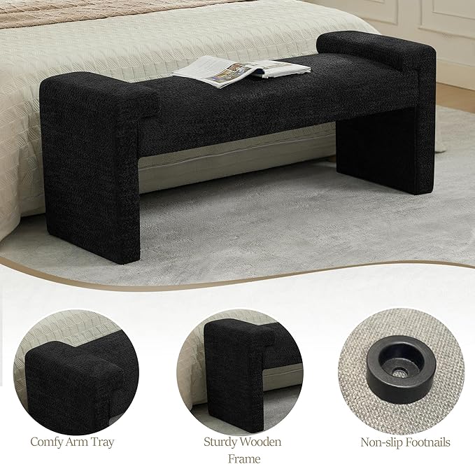43" End of Bed Bench Upholstered Modern Bedroom Bench for Living Room & Entryway, Easy Assembly, Footrest Ottoman Accent Window Bench with Solid Wood Frame & Curved Arm, Black