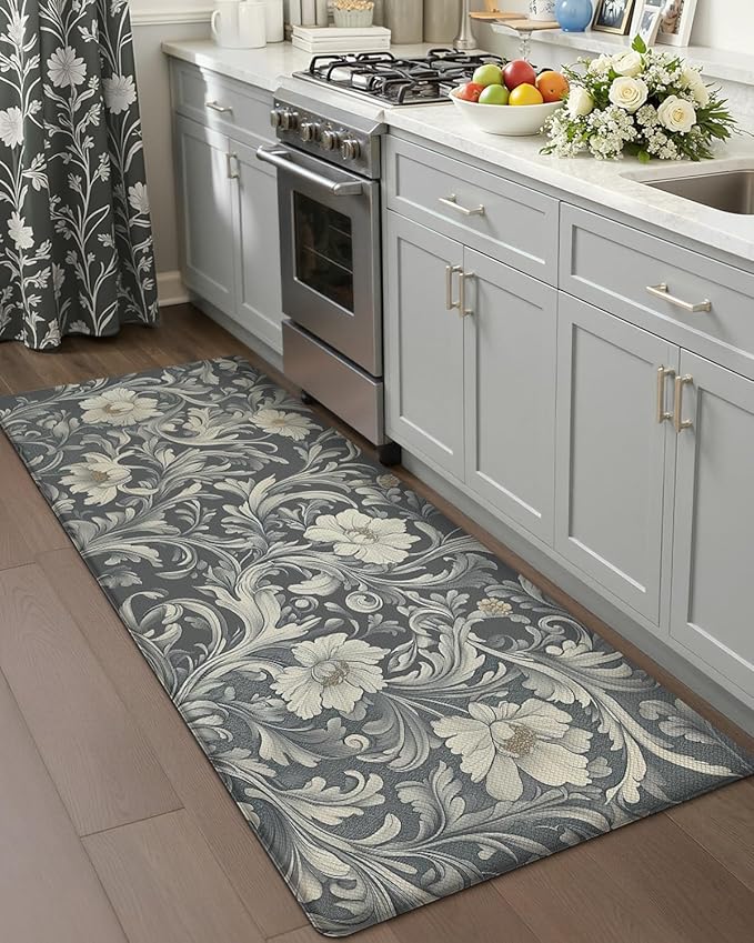 Color&Geometry Floral Kitchen Mat 24"x59", Anti Fatigue Mats for Kitchen Floor, Kitchen Rugs Non Slip, Waterproof & Oil Proof Kitchen Runner for Standing Desk Office, Sink - Grey