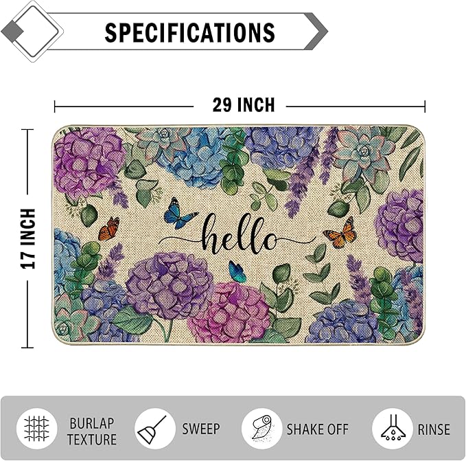 Welcome Spring Door Mat Hydrangea Flowers Doormat Indoor Outdoor Entrance Summer Decor Outdoor Rug Low-Profile Floor Rug Non Slip Spring Summer Decor Rubber Mats for Home Decoration 17x29Inch
