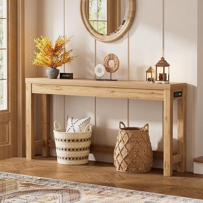 Cyclysio 63" Console Tables for Entryway, Long Console Tables for Living Room, Behind Couch Table, Sturdy Wood Support Farmhouse Entryway Table with 3AC+2USB Charging‌ Station, Natural Oak