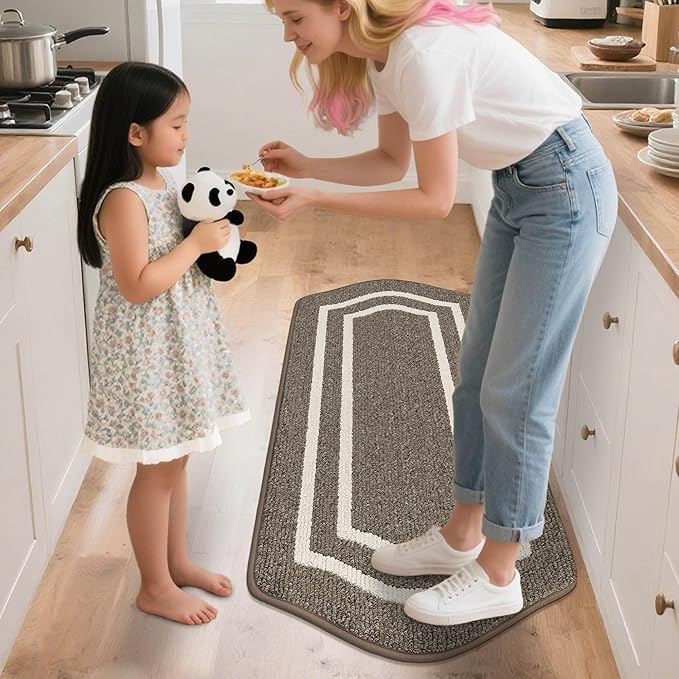 COSY HOMEER Long Kitchen Floor Mats for in Front of Sink Super Absorbent Kitchen Rugs and Mats 24"x48" Non-Skid Kitchen Mat Standing Mat Washable,Polypropylene,Brown,Frame