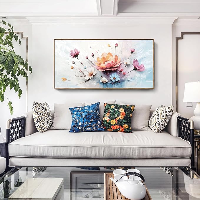 amatop Large Framed Floral Wall Art | Elegant Abstract Pink & Blue Bloom Bouquet – Daisy Peony Botanical Wall Art for Living Room, Bedroom & Dining Room (48x24 Inch)