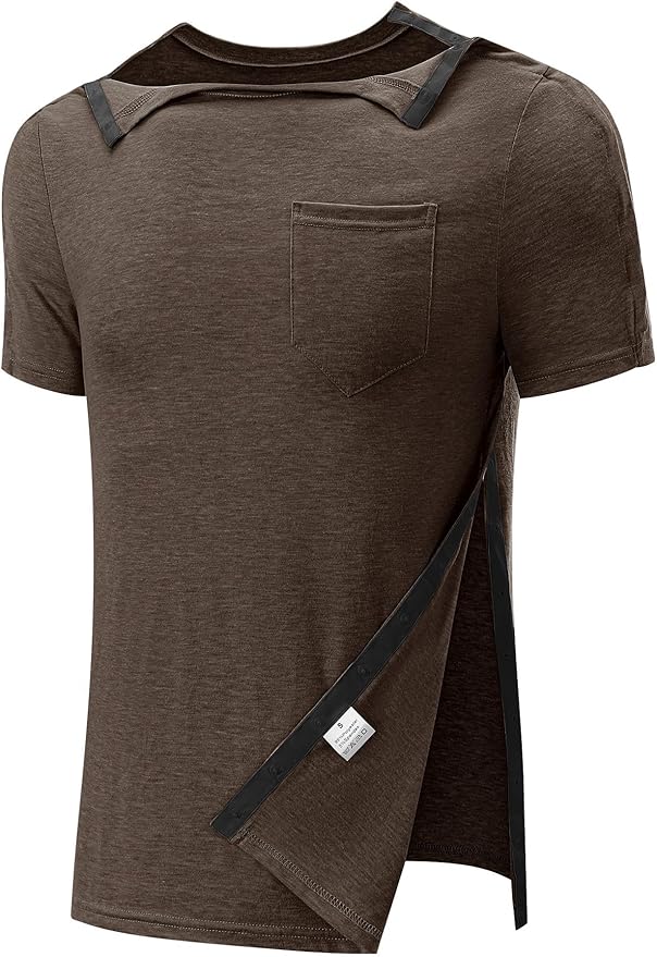 Poriff Men's Post Shoulder Surgery Recovery Shirts Full Tear Away Short Sleeve Snap Chemo Port Access Shirt