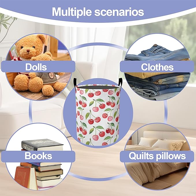 Cute Cherry Laundry Hamper Large Canvas Fabric Lightweight Storage Basket/Dirty Clothes Collapsible Waterproof for College Dorms, Boys and Girls Bedroom,Bathroom