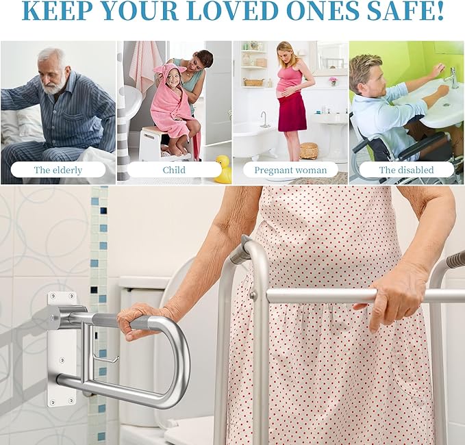 Toilet Grab Bar 22.4 Inch, Munzong Anti-Slip Handicap Grab Bars with Paper Holder, Flip-Up Bathroom Toilet Safety Rails, Stainless Steel Knurled Support handrails for Seniors Elderly Disabled Pregnant