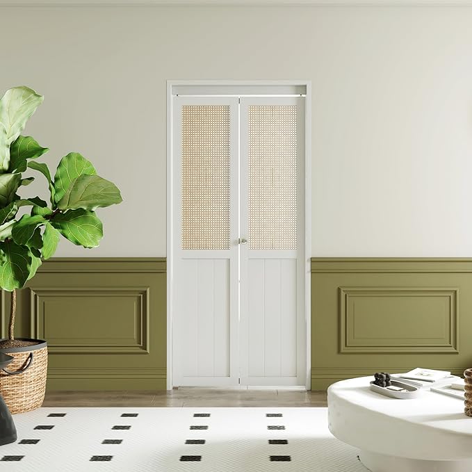 BARNER HOME Bi-fold Doors - Cane Closet Door for 36" x 80" Opening, Webbing & Wood Interior Door Slab, Including Hardware, MDF, White Folding Door for Wardrobe