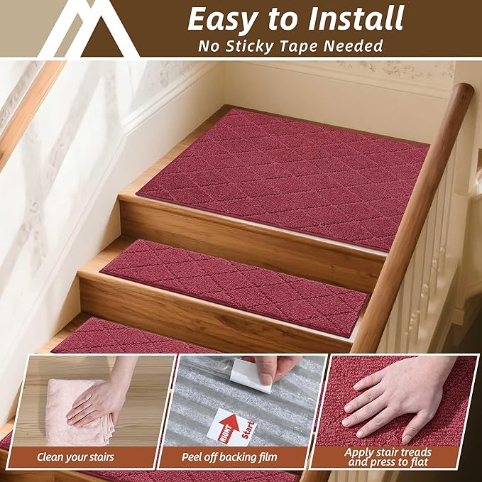 COSY HOMEER Stair Landing Rugs Non-Slip Corner Indoor Edging Stair Treads for Wooden Steps,Washable Soft Stair Landing Mat for Kids,Elder and Dogs,Polyester,TPE Backing,Red,30x30inch