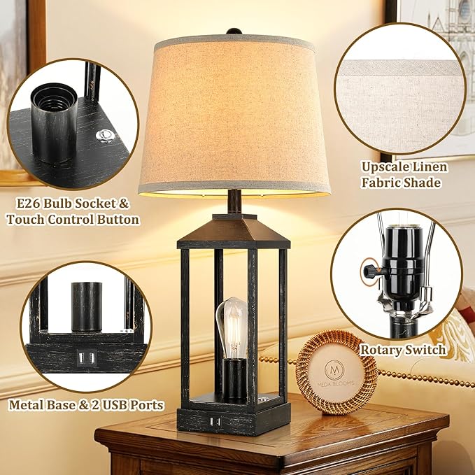 28" Black Farmhouse Bedside Table Lamp for Living Room, 3-Way Dimmable Touch Control Modern Nightstand Lamp with 2 Light, Rustic Desk Lamp with USB Ports for Bedroom, Home, Office, 2 Bulbs Included