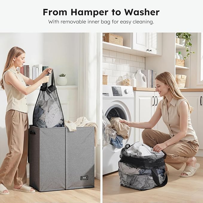 SOLEDI Large Double Laundry Hamper with Lid, Collapsible Clothes Hamper 2 section with Removable Bags, Space-Saving Laundry Basket for Bedroom, Dorm, College