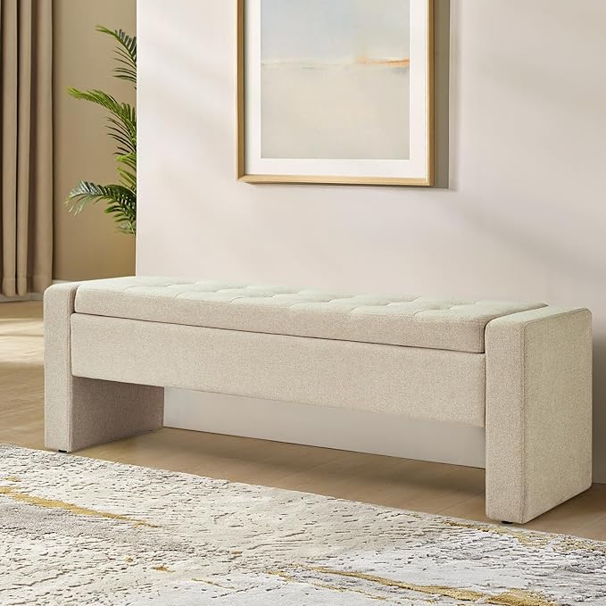 55" Modern Upholstered Storage Bench with Tufted Seat, Fabric Ottoman Bench for Bedroom, Entryway, or Living Room, Soft Close Hinge,Linen