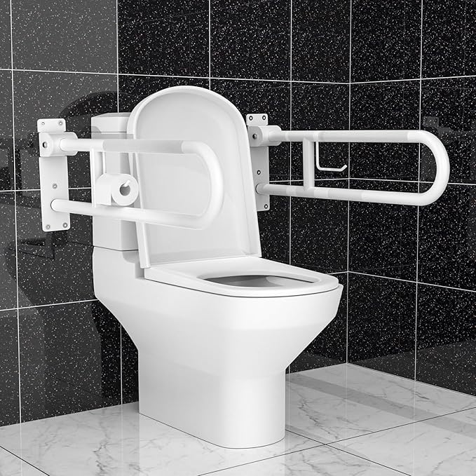 U Shaped Toilet Grab Bar 30.3 Inch, Munzong White Anti-Slip Support Rail, Flip-Up Bathroom Grab Bar with Paper Holder, Stainless Steel Knurled Handicap Safety handrails for Elderly Disabled Pregnant