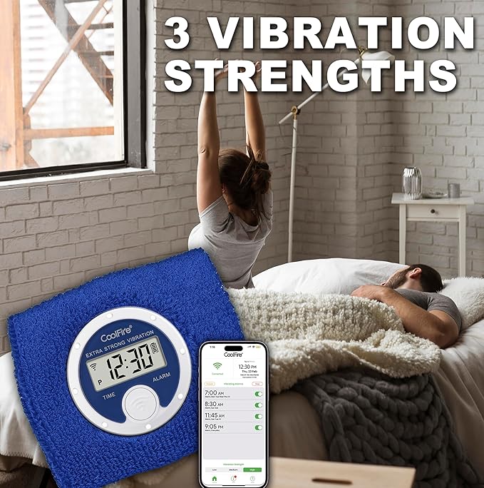 Coolfire - Vibrating Alarm Clock Sweatband, Silent Wake Yourself Up Wristband Vibrating Alarm Watch for Couples, Students, Easy to Set on User-Friendly App, Hearing Impaired, USB Chargeable (Blue)