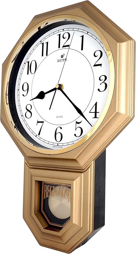 JUSTIME Traditional Schoolhouse Easy to Read Regulator Wall Clock, Chiming Wall Clocks with Pendulum & Westminster Chime Hourly, Schoolhouse Wall Decor Battery Operated (Painted Gold)