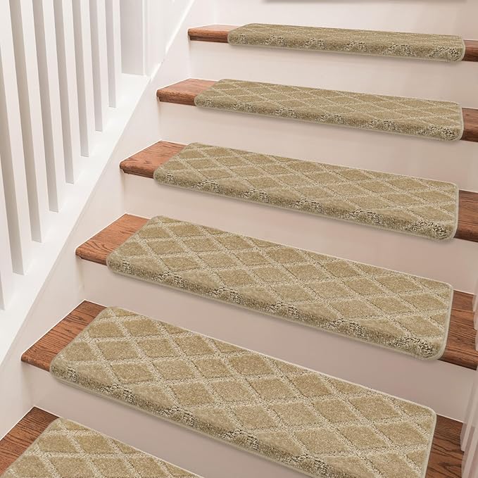 PURE ERA Bullnose Carpet Stair Treads Set Tape Free Non-Slip Indoor Stair Protectors Pet Friendly Rugs 9.5" x 30"(14 Pieces,Khaki Diamond Trellis)