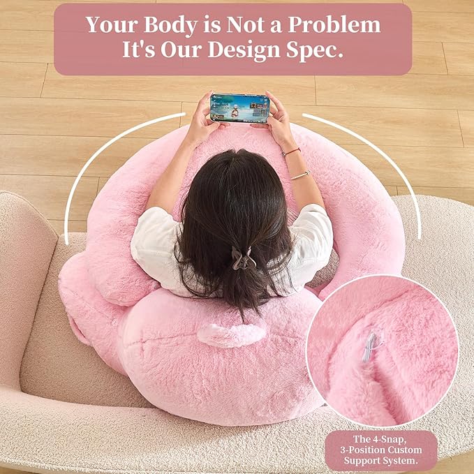 Reading Pillow for Bed,U Shaped & Back Support Pillow for Bed,17" Backrest with Lumbar & Arm Support,Luxurious Faux Rabbit Fur,Gaming PillowFor Crochet/Reading/Watching TV,Pink