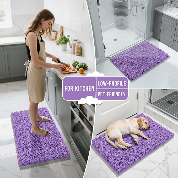 Yimobra Bathroom Rugs Non Slip Washable - Ultra Soft Absorbent Chenille Bath Mat, Quick Dry Shaggy Floor Carpet for Tub Shower, Lavender Home Decor Accessories, 24x17 Inch