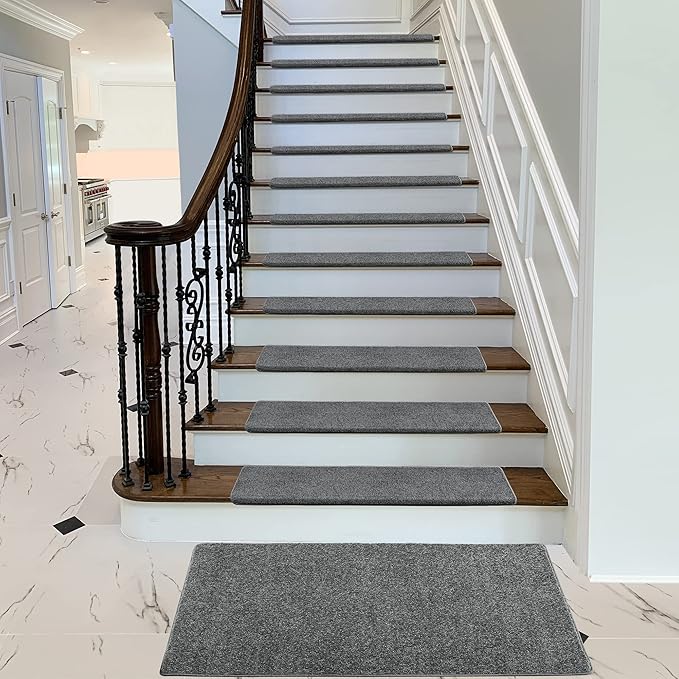 PURE ERA Bullnose Carpet Stair Treads Set Tape Free Non-Slip Indoor Stair Protectors Pet Friendly Rugs Covers Soft Skid Resistant Washable Reusable 9.5" x 30"(7 Pieces,Dark Gray)