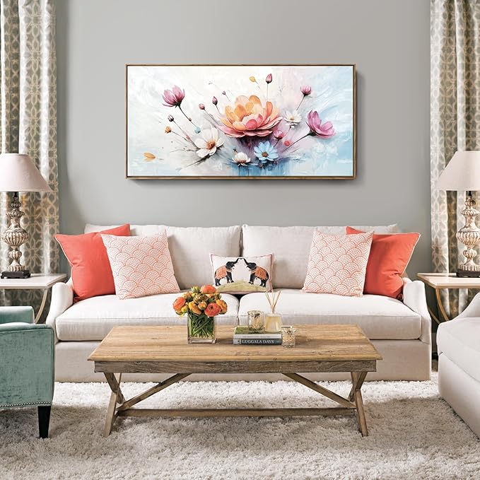 amatop Large Framed Floral Wall Art | Elegant Abstract Pink & Blue Bloom Bouquet – Daisy Peony Botanical Wall Art for Living Room, Bedroom & Dining Room (48x24 Inch)