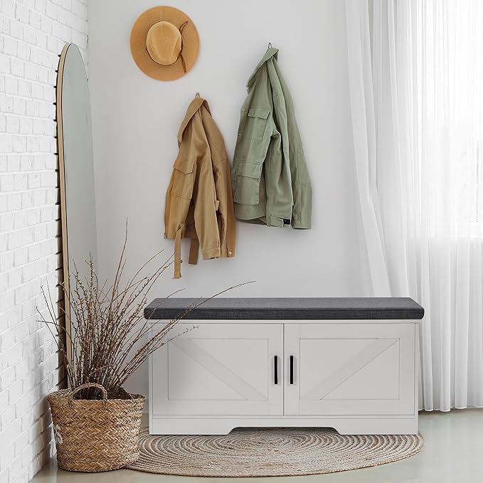2-Tier Storage Bench, 39.4" Wide Shoe Bench with Padded Seat Cushion, Entryway Bench with 2 Barn Doors and Adjustable Shelf, White