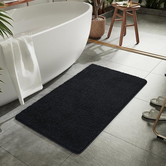 LOCHAS Luxury Bathroom Rug Shaggy Bath Mat 24 x 44 Inch, Washable Non Slip Bath Rugs for Bathroom Shower, Soft Plush Chenille Absorbent Carpets Mats, Black